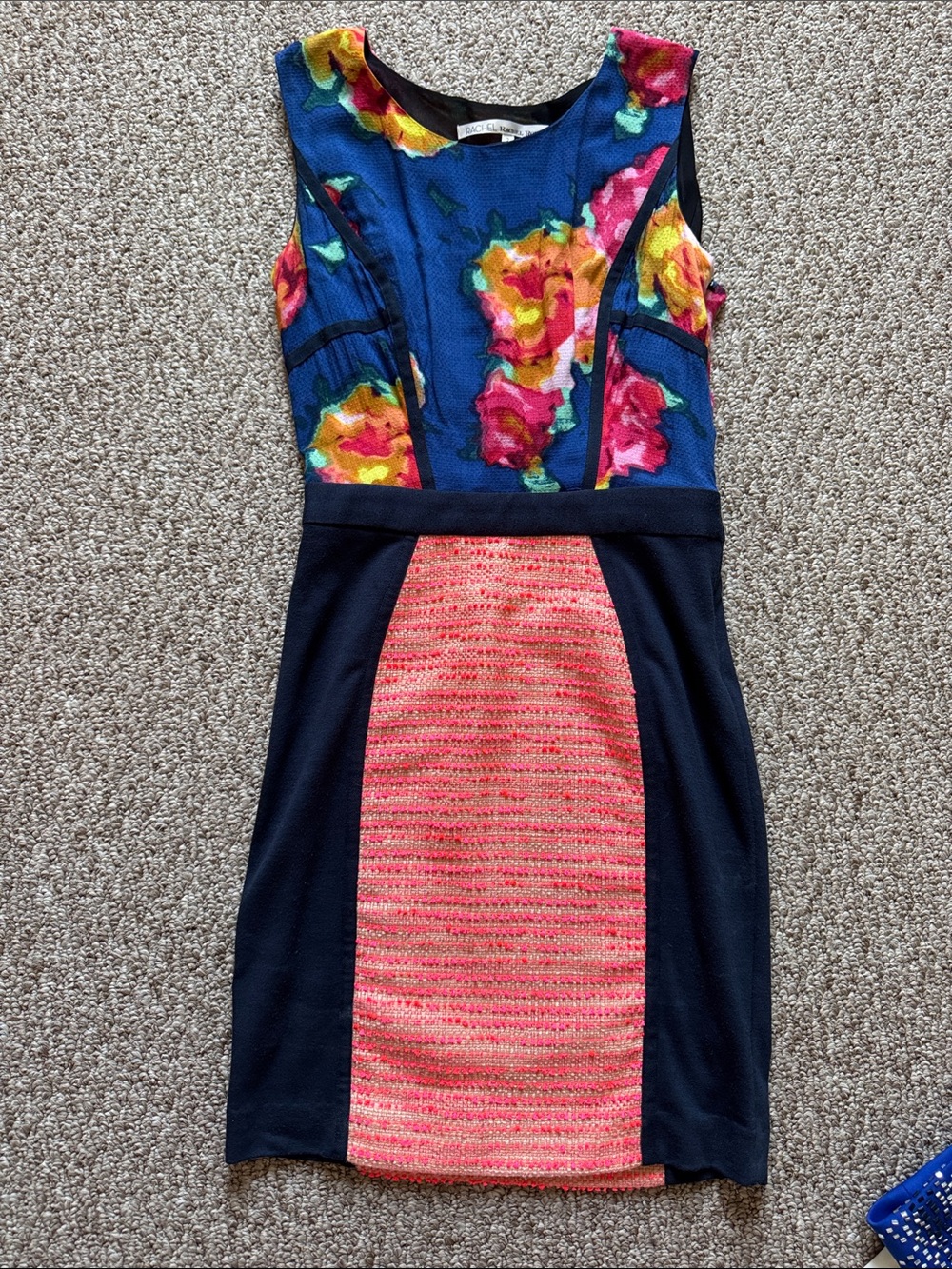RACHEL Rachel Roy Navy Sheath with Blue Floral Bodice & Pink Center Panel